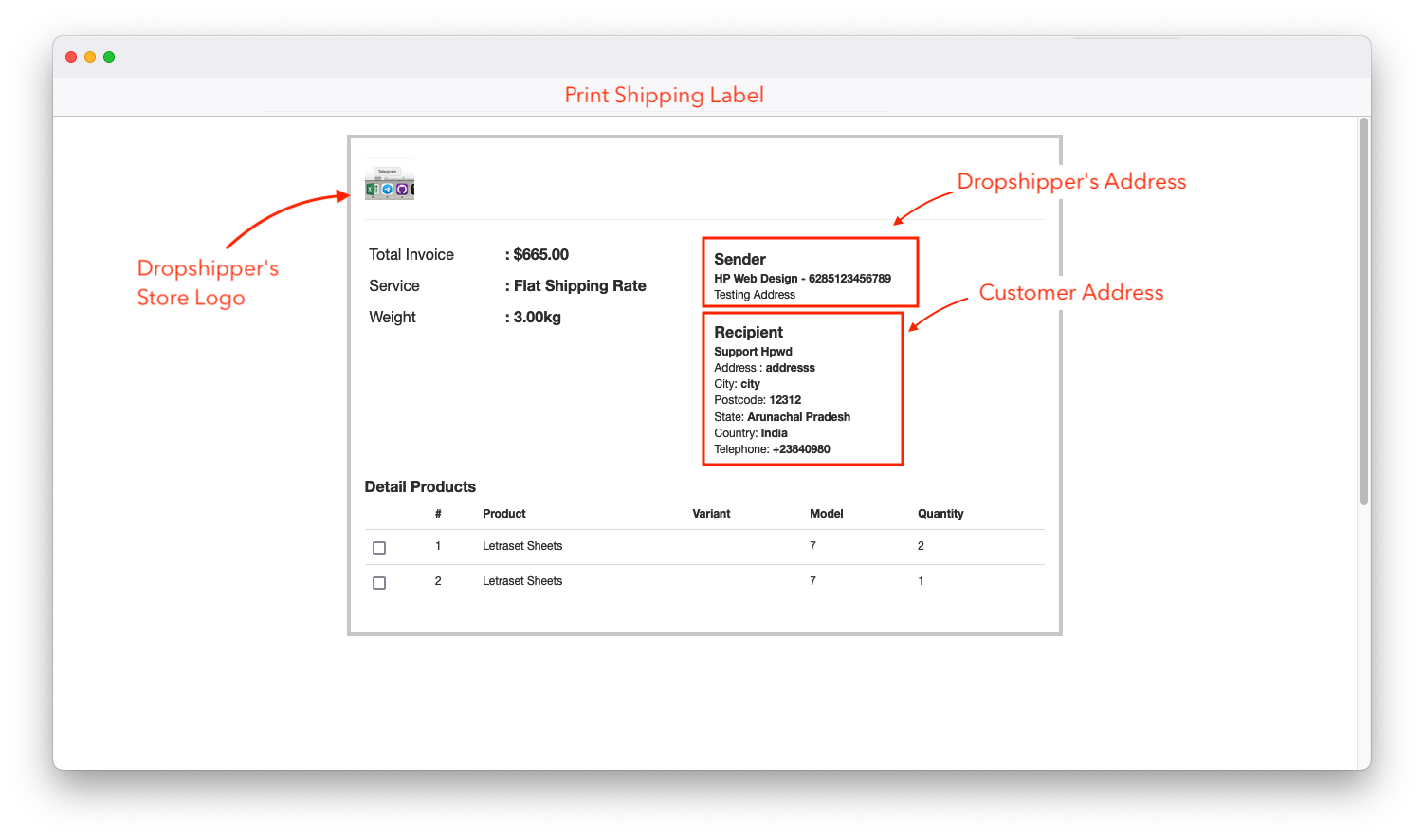 print shipping label for dropship opencart